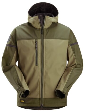 Snickers 1226 Softshell Stretch Werkjas met Capuchon Khakigroen/Donkerkhakigroen