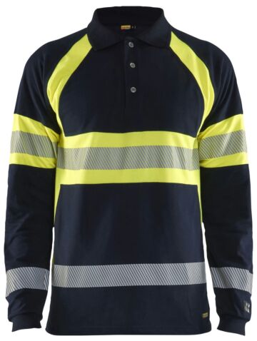 Blåkläder 3438-1741 Multinorm piqué polo lange mouwen Marine/High Vis Geel
