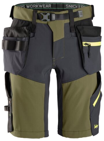 Snickers 6140 FlexiWork Softshell Stretch Korte Werkbroek+ met Holsterzakken Khakigroen/Grijs
