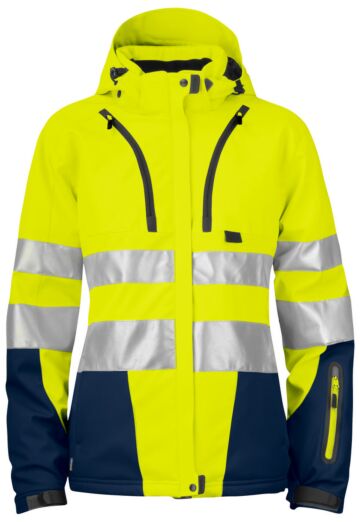Projob 6424 Gevoerde Signalisatiesoftshell En Iso 20471 Klasse 3 Dames Geel/Marine