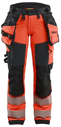 Blåkläder 7022-1648 Dames High Vis werkbroek 4-weg stretch met gereedschapszakken High Vis Rood/Zwart