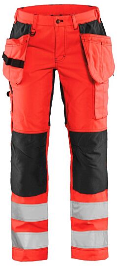 Blåkläder 7163-1811 Dames High Vis Werkbroek met stretch en gereedschapzakken High Vis Rood/Zwart
