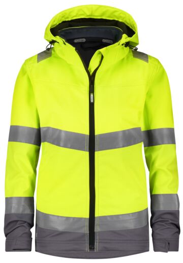 DASSY® Malaga Women Hogezichtbaarheidssoftshelljas voor dames Fluogeel/Cementgrijs