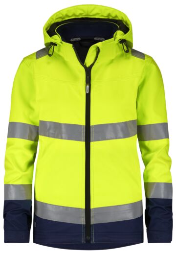 DASSY® Malaga Women Hogezichtbaarheidssoftshelljas voor dames Fluogeel/Marineblauw