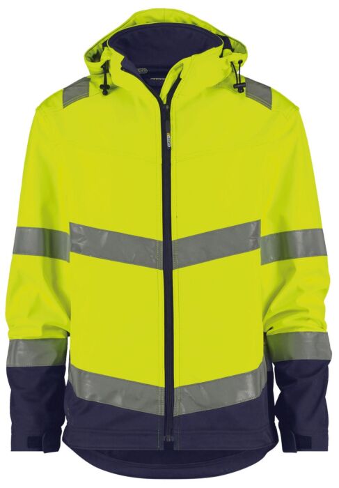 DASSY® Malaga Hogezichtbaarheidssoftshelljas Fluogeel/Marineblauw